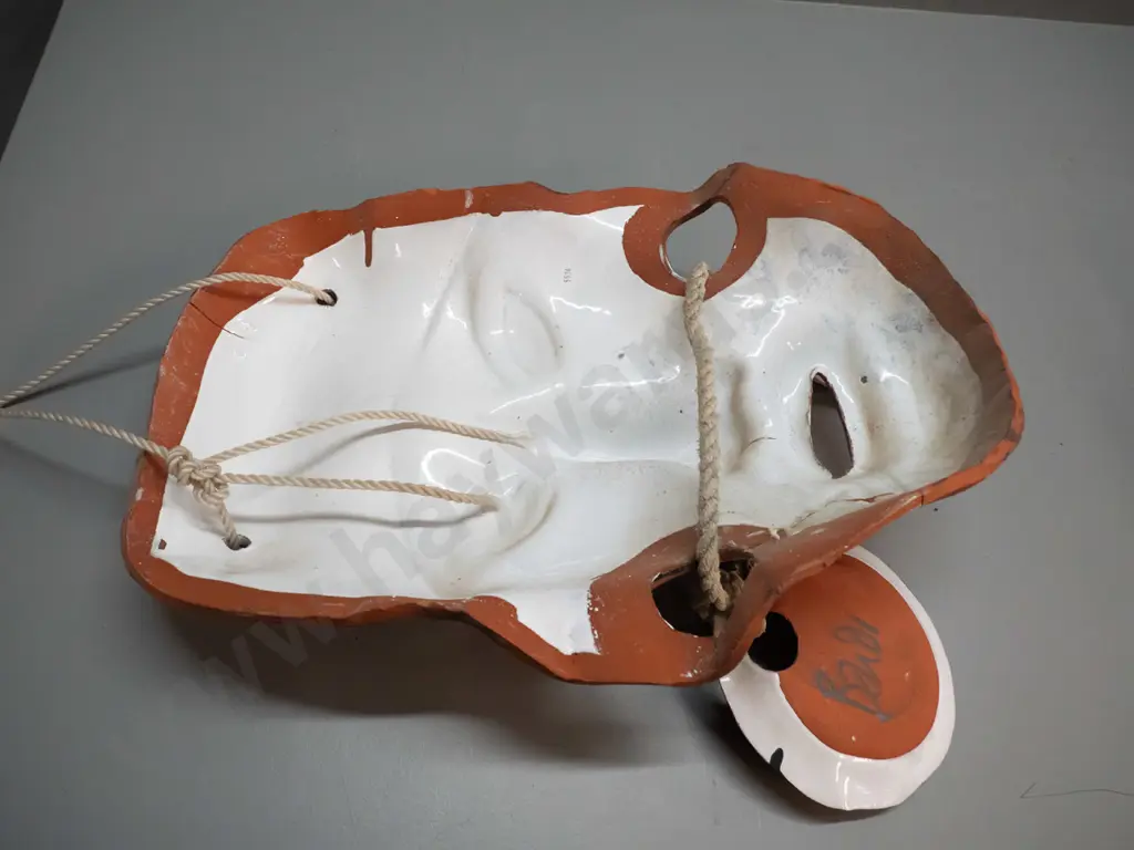 large glazed terracotta wall hanging mask with earrings - hard to make out markings or signature H-570 W-420 Image 1++