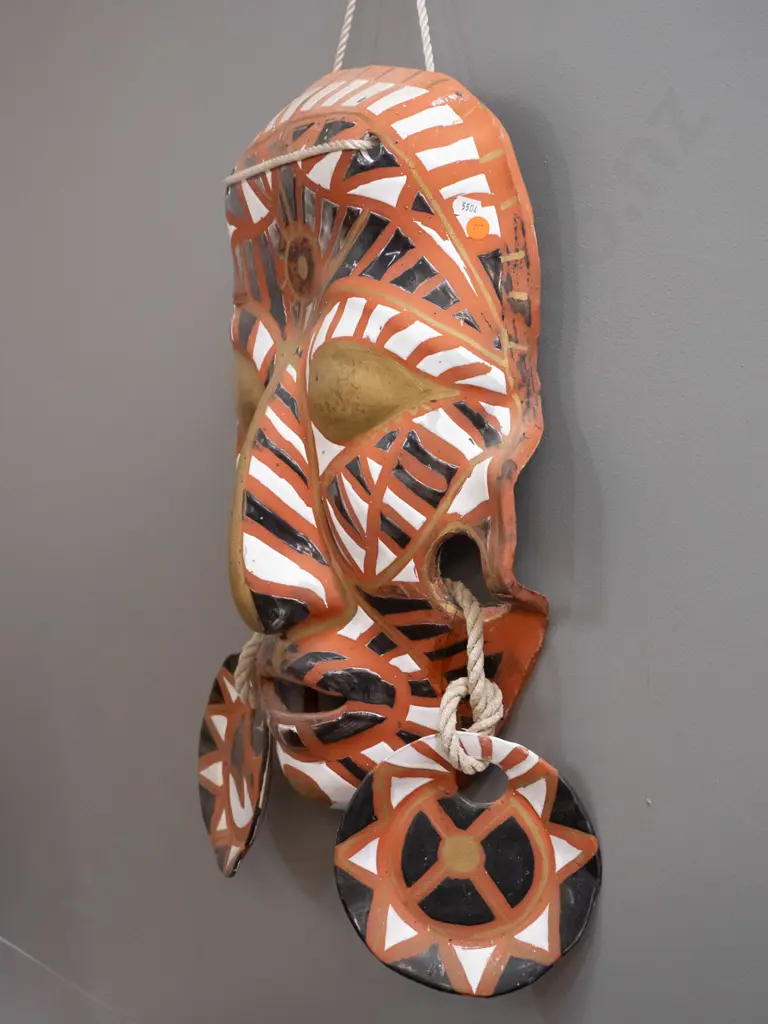 large glazed terracotta wall hanging mask with earrings - hard to make out markings or signature H-570 W-420 Image 1++