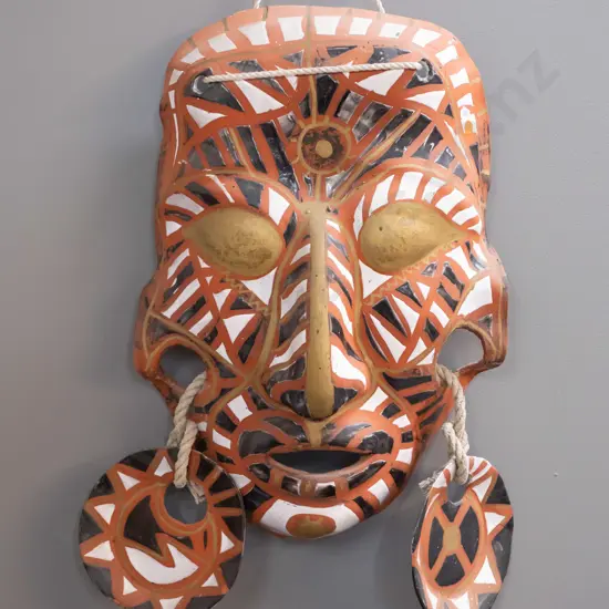 large glazed terracotta wall hanging mask with earrings - hard to make out markings or signature H-570 W-420
