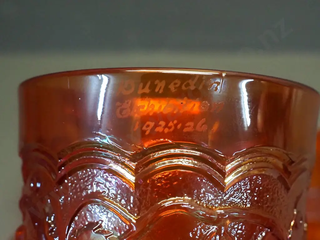 set of 6 marigold colour carnival glass grape pattern water glasses, each engraved with Dunedin Exhibition 1925-26 Image 1++