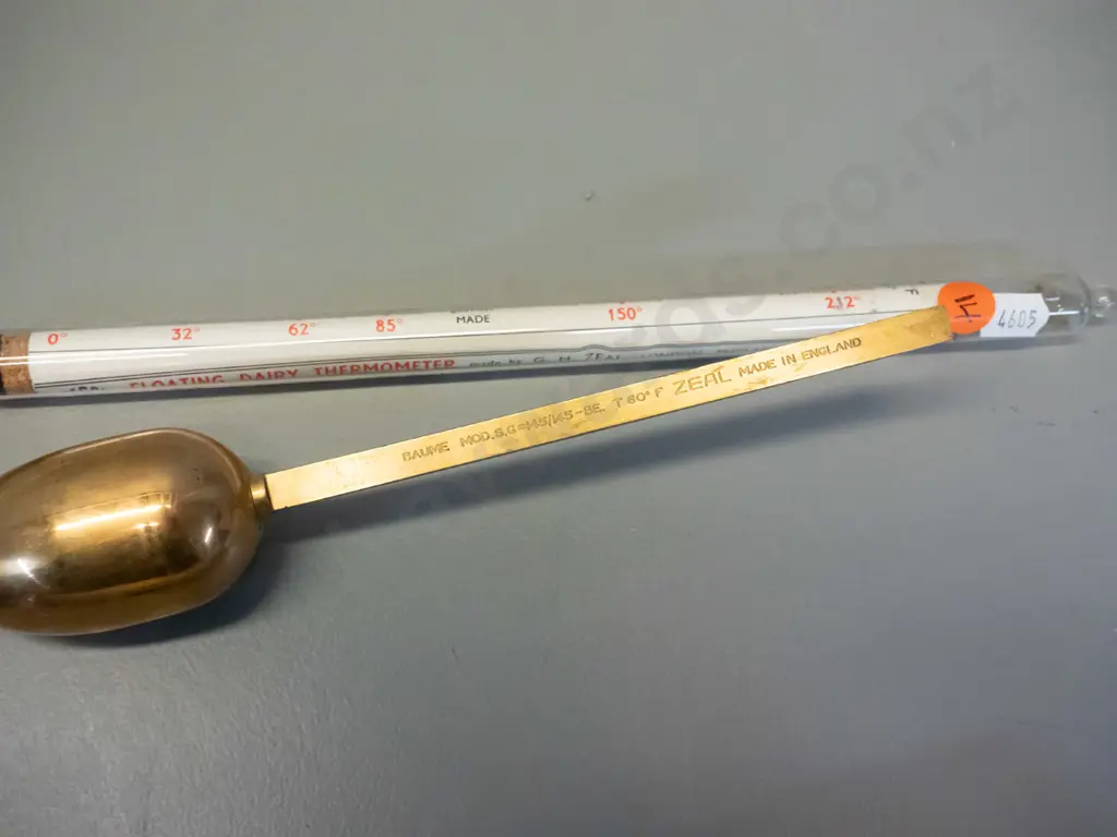 "Zeal" English metal Hydrometer and a glass cased floating dairy thermometer L-290 Image 1++