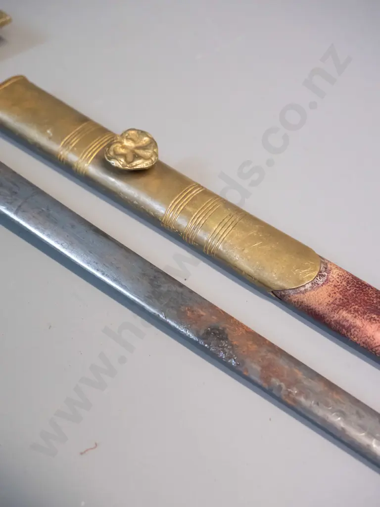 vintage ornamental sword with brass handle and hilt, leather scabbard - blade has corrosion. L-870 Image 1++
