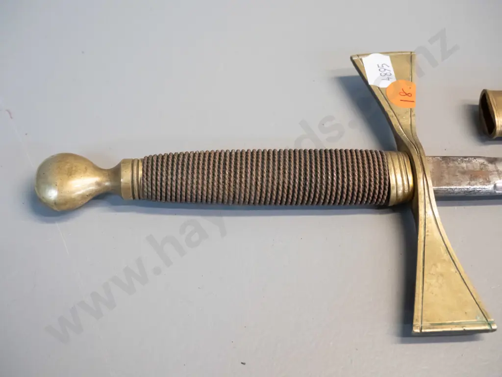 vintage ornamental sword with brass handle and hilt, leather scabbard - blade has corrosion. L-870 Image 1++