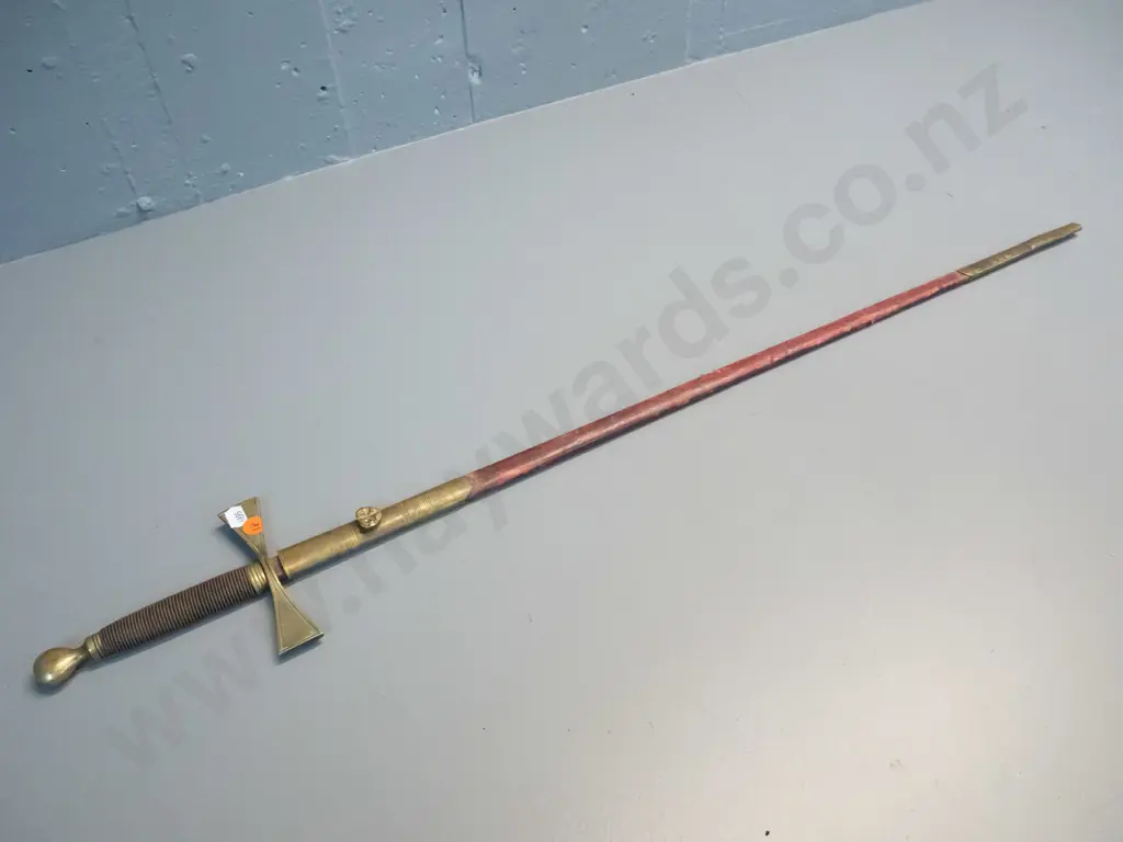 vintage ornamental sword with brass handle and hilt, leather scabbard - blade has corrosion. L-870 Image 1++