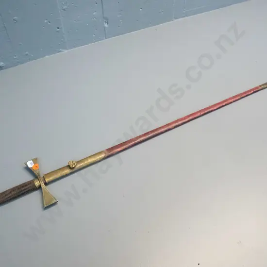 vintage ornamental sword with brass handle and hilt, leather scabbard - blade has corrosion. L-870