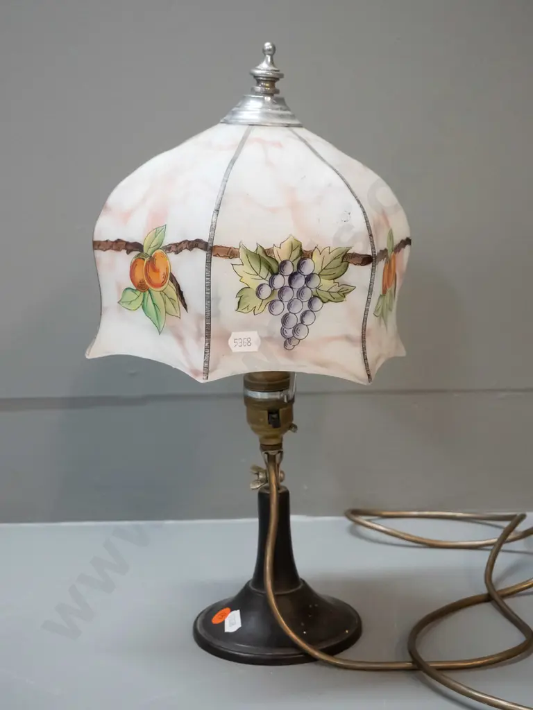 small deco table lamp with glass fruit motif shade, metal and bakelite base - tilt adjustment for wall or table Image 1++