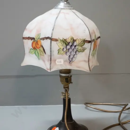 small deco table lamp with glass fruit motif shade, metal and bakelite base - tilt adjustment for wall or table