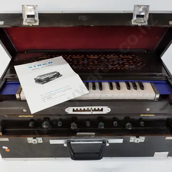 Singh Indian portable harmonium in timber case with metal fittings - needs some work, has some missing or