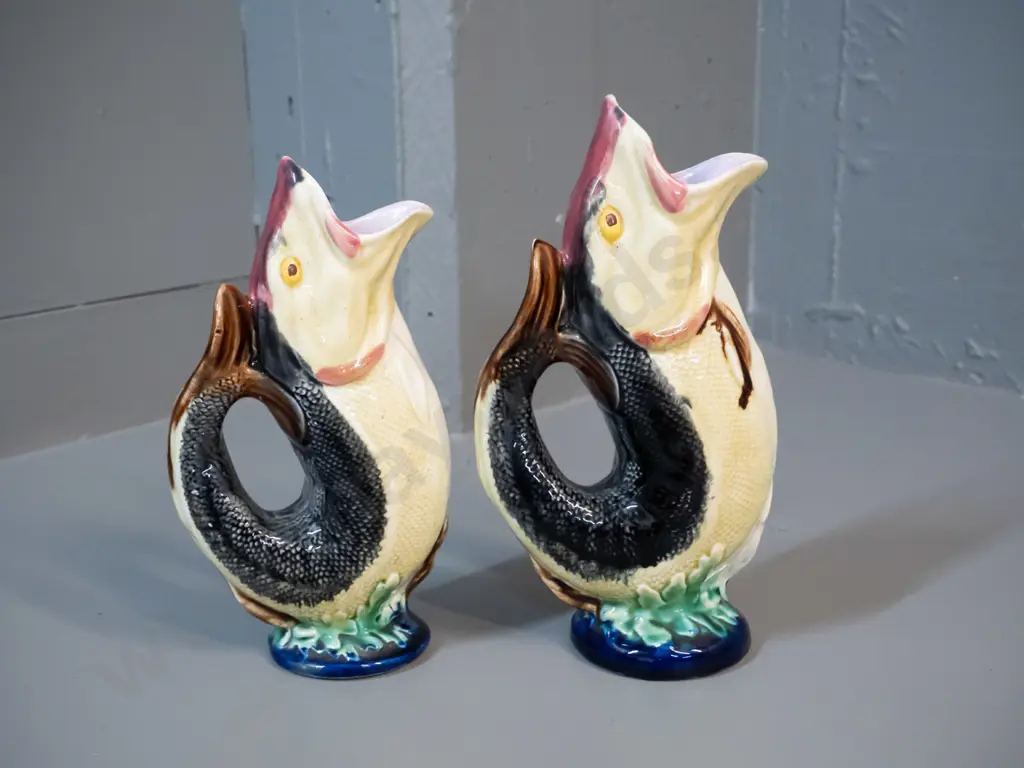2 Majolica style handled fish jugs, no maker's marks, Slightly taller one is H-250 Image 1++