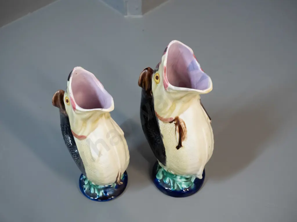2 Majolica style handled fish jugs, no maker's marks, Slightly taller one is H-250 Image 1++