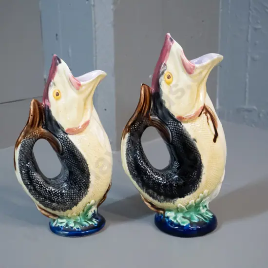 2 Majolica style handled fish jugs, no maker's marks, Slightly taller one is H-250
