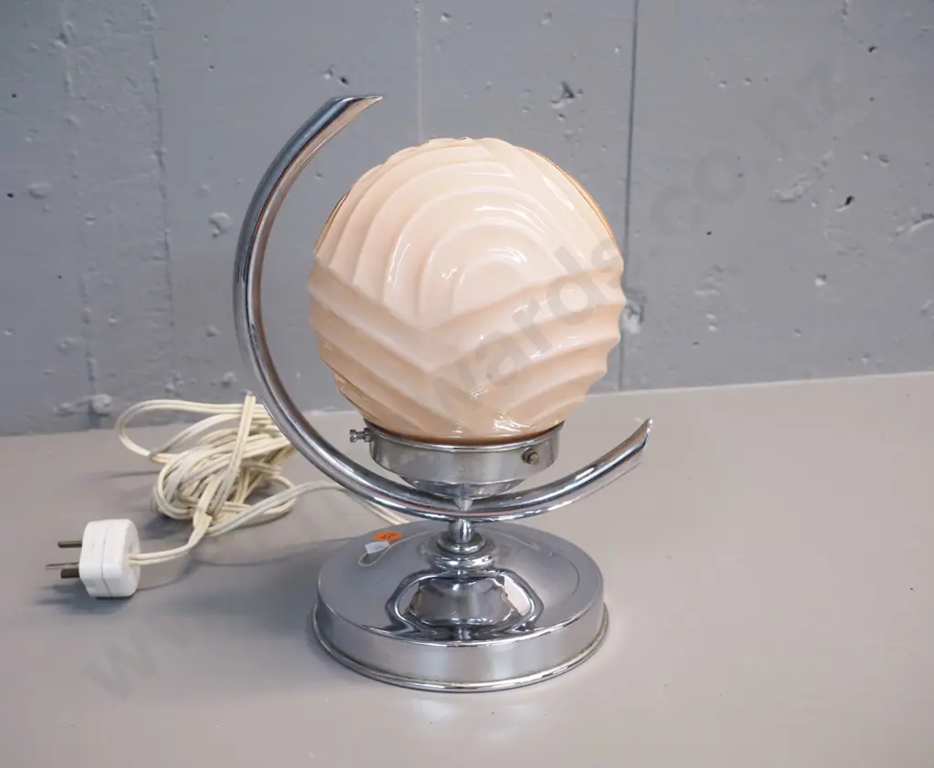 deco chrome table lamp with peach coloured ribbed pattern globe shade H-240 Shade D-130 Image 1++