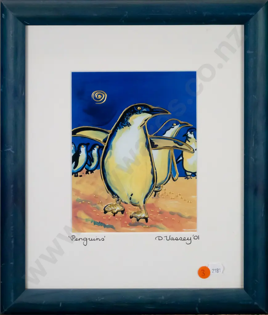 D Vassey '01 - framed mixed media - penguins H-170 W-140 Image 1++