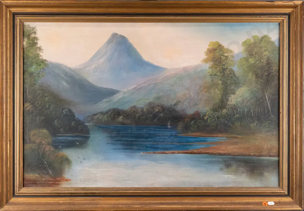 illegible signature - framed colonial oil - lake and mountain scene H-440 W-690 Image 1++