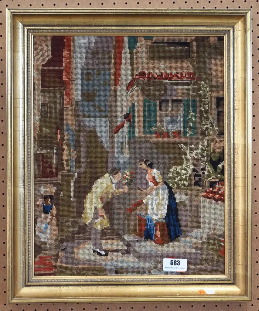framed needlework - courting scene H-490 W-390 Image 1++