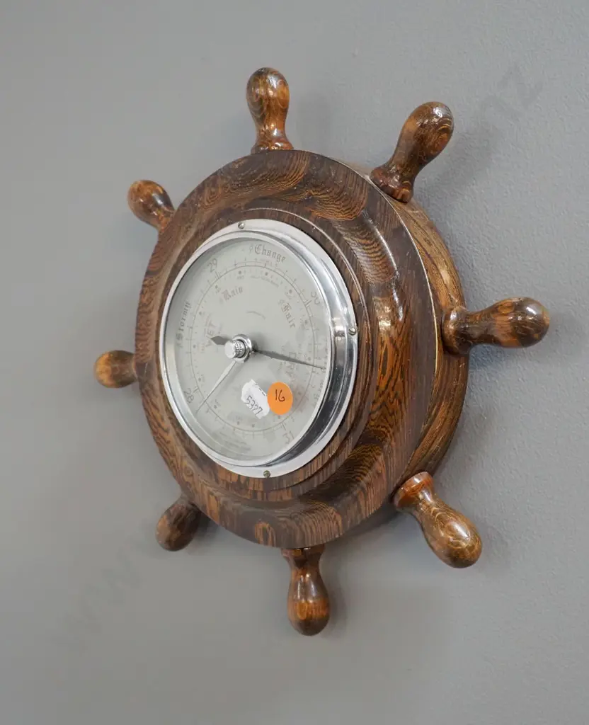 oak cased ship-s wheel motif wall barometer - mechanism installed slightly off-angle D-260 Image 1++