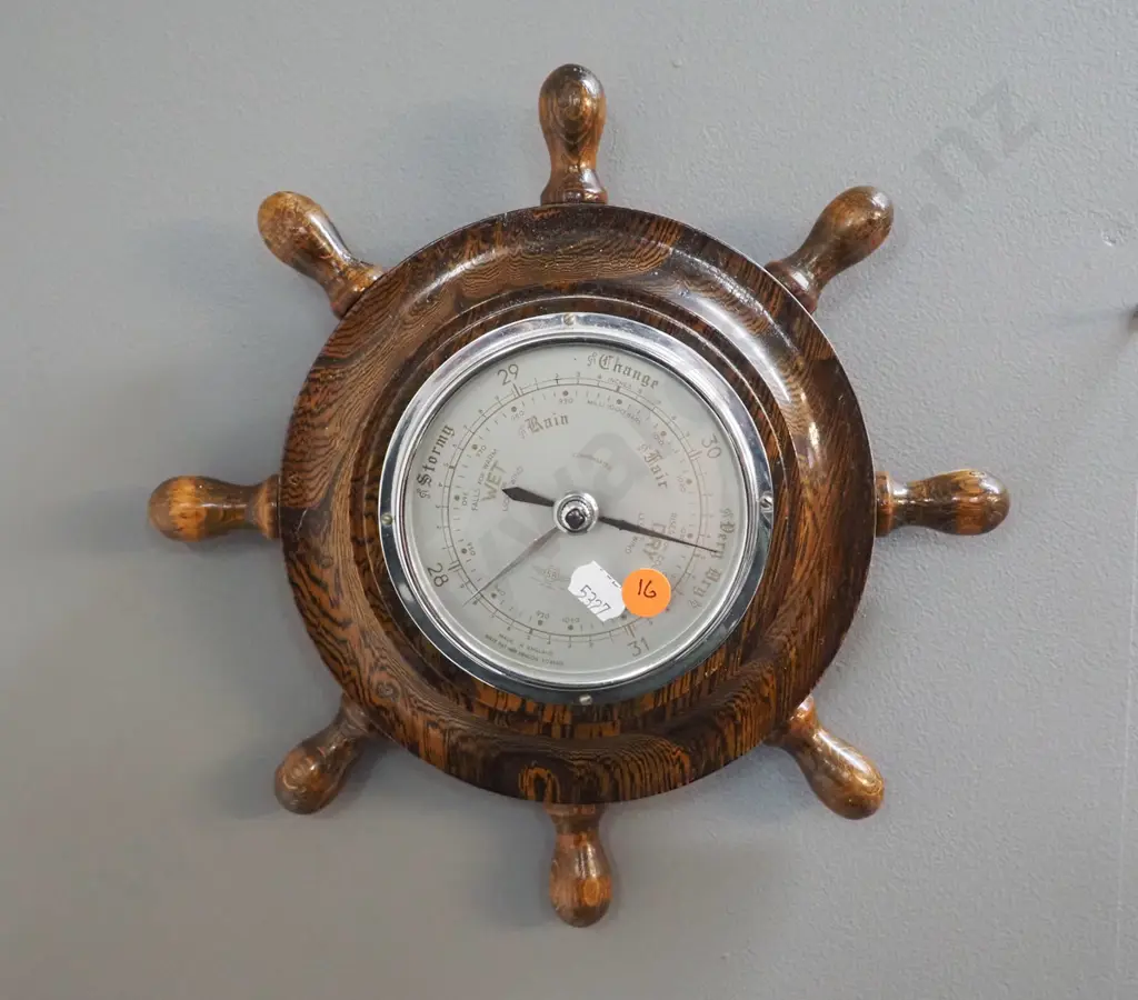 oak cased ship-s wheel motif wall barometer - mechanism installed slightly off-angle D-260 Image 1++