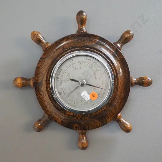 oak cased ship-s wheel motif wall barometer - mechanism installed slightly off-angle D-260