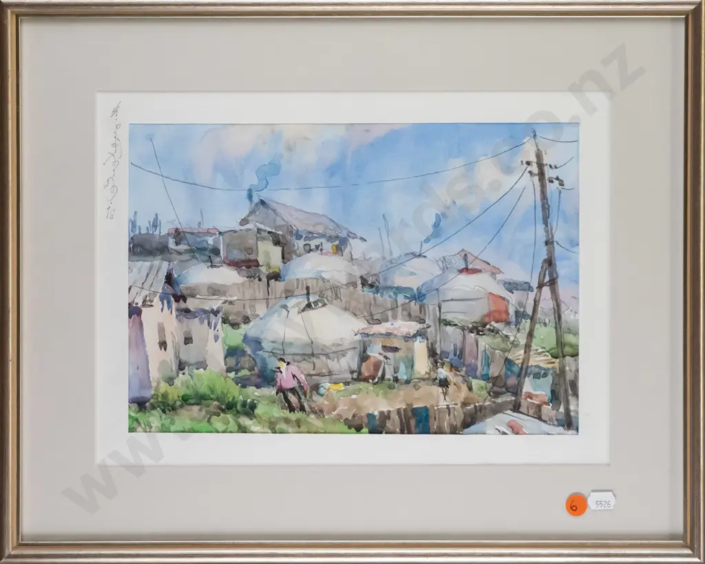 framed watercolour - village scene H-200 W-290 (slight warping) Image 1++