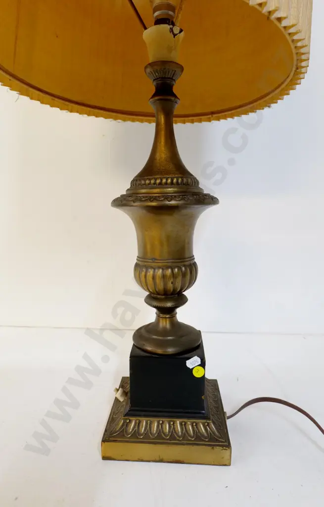 timber & metal urn-shaped table lamp - some chips to wood, needs tightening, some damage to shade H-820 Image 1++