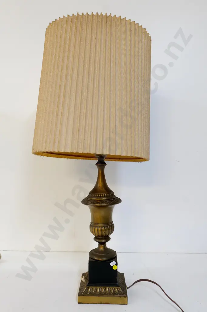 timber & metal urn-shaped table lamp - some chips to wood, needs tightening, some damage to shade H-820 Image 1++