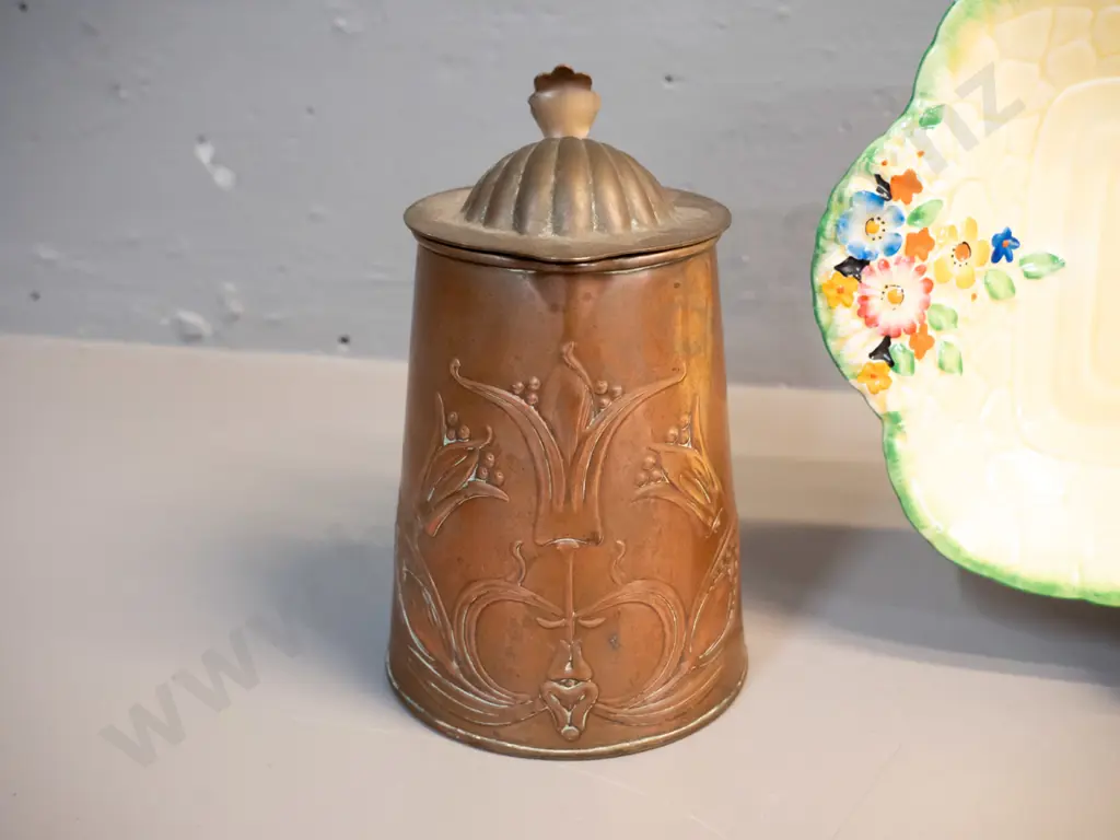 JS & S English art deco small copper jug with hinged lid H-140 and a Crown Devon dish with applied huia pattern Image 1++