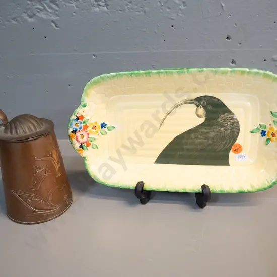 JS & S English art deco small copper jug with hinged lid H-140 and a Crown Devon dish with applied huia pattern