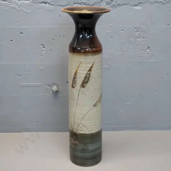 large studio pottery vase with grass motif H-530 D-150 at top