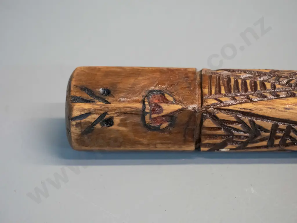 hand carved timber Maori motif "talking stick" & carved bone tiki with paua inset, L1040 & a cribbage board with paua Image 1++