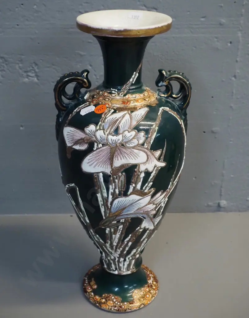 vintage Satsuma double-handled vase with iris motif decoration H-375 W-170 Image 1++
