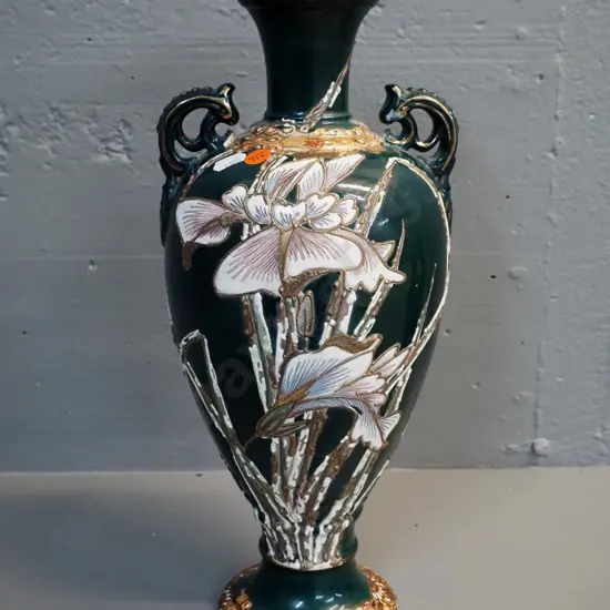 vintage Satsuma double-handled vase with iris motif decoration H-375 W-170