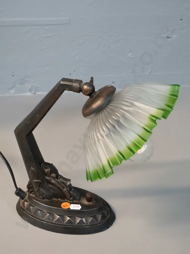 deco style table lamp with metal base, frilled glass shade - has been rewired, shade not fitting perfectly H240 W-250 Image 1++