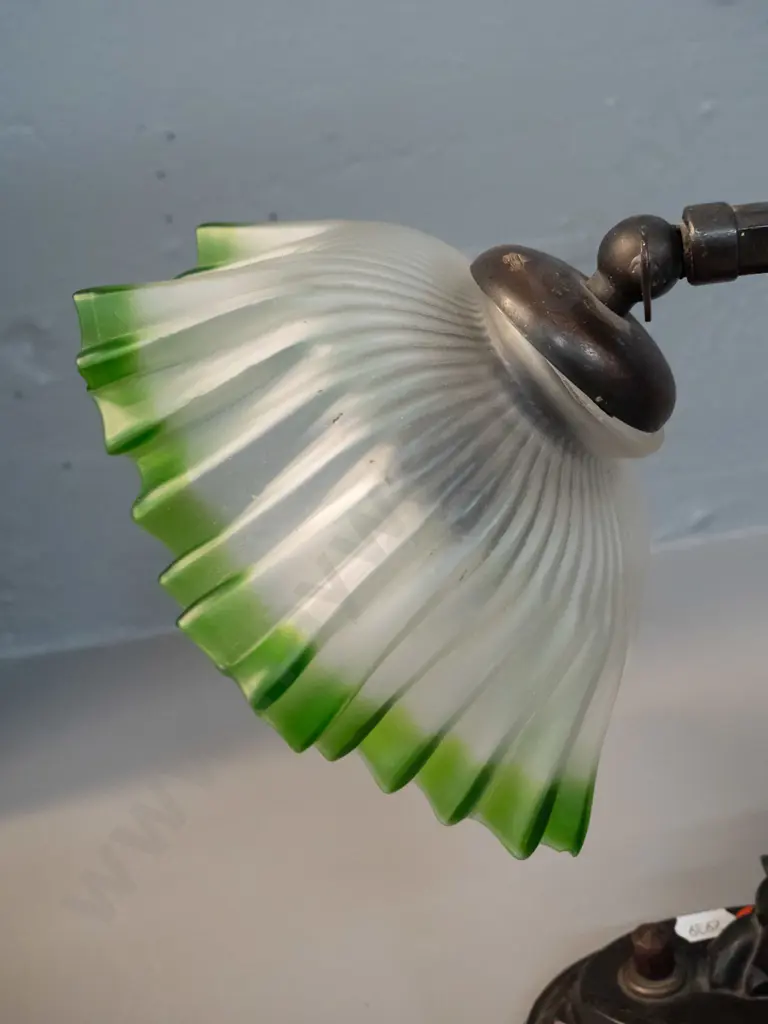 deco style table lamp with metal base, frilled glass shade - has been rewired, shade not fitting perfectly H240 W-250 Image 1++