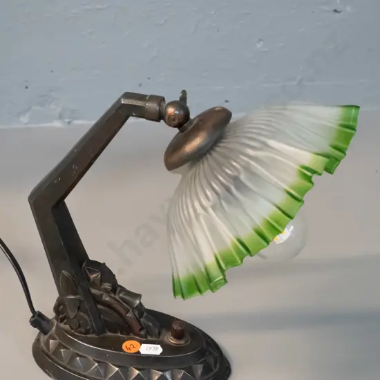 deco style table lamp with metal base, frilled glass shade - has been rewired, shade not fitting perfectly H240 W-250