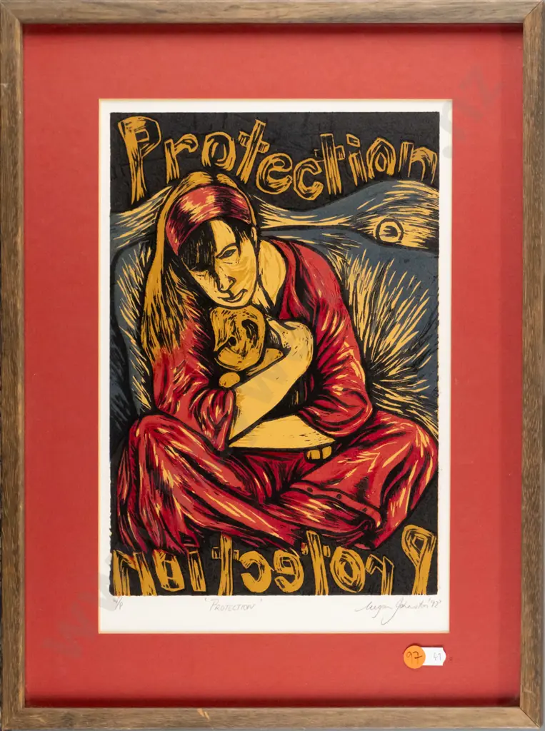 Megan Johnston '92 - framed woodblock print W/P "Protection" H-300 W-210 Image 1++