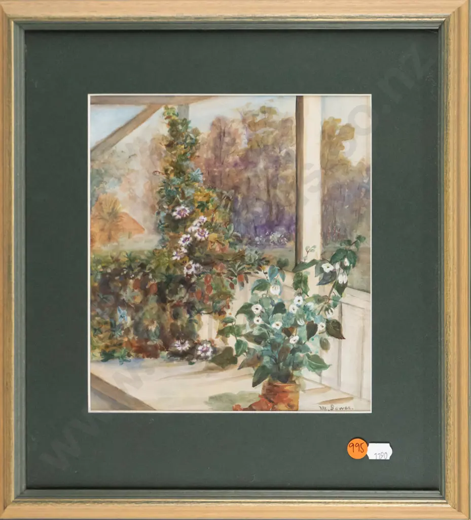 M Bower - framed watercolour plant on verandah H-220 W-190 Image 1++