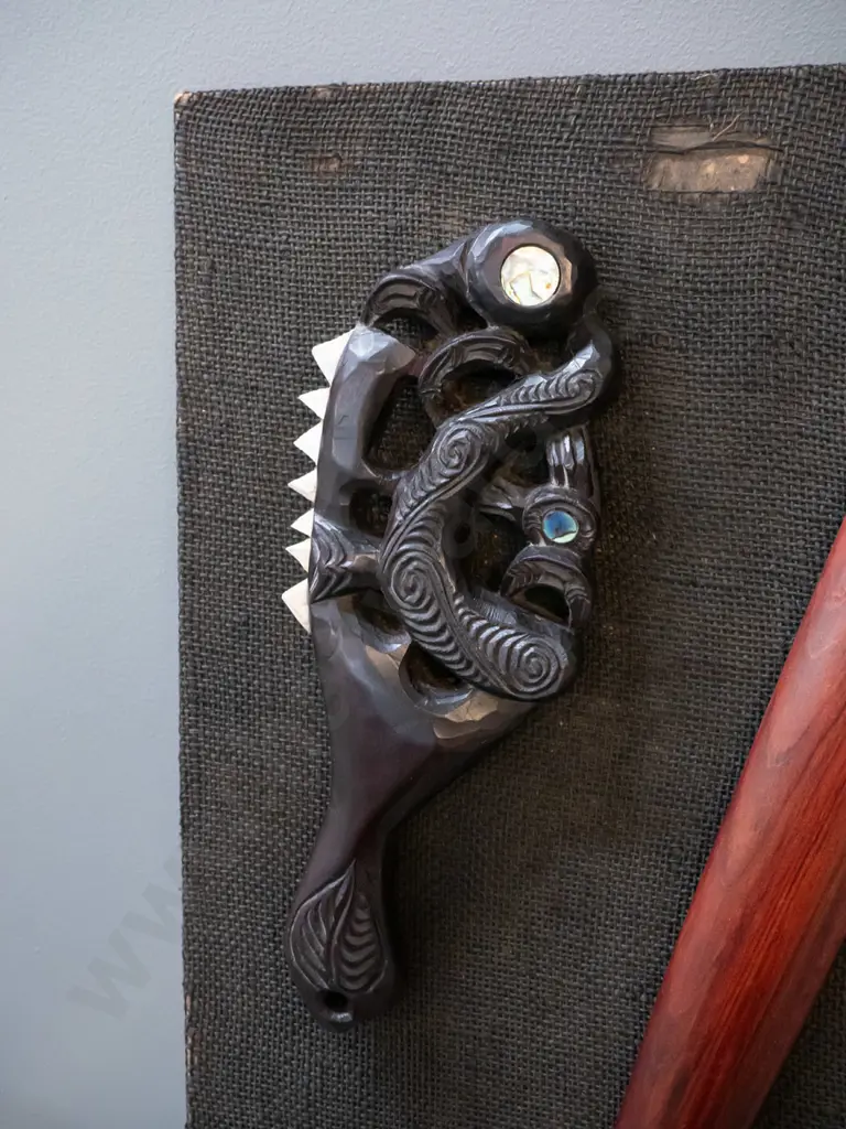 Maori motif wall display - timber items mounted on hessian covered background H760 W280 - some Image 1++