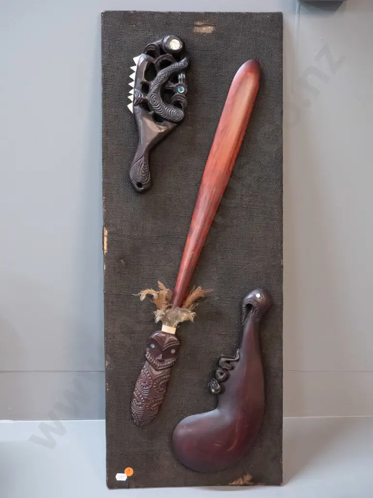 Maori motif wall display - timber items mounted on hessian covered background H760 W280 - some Image 1++