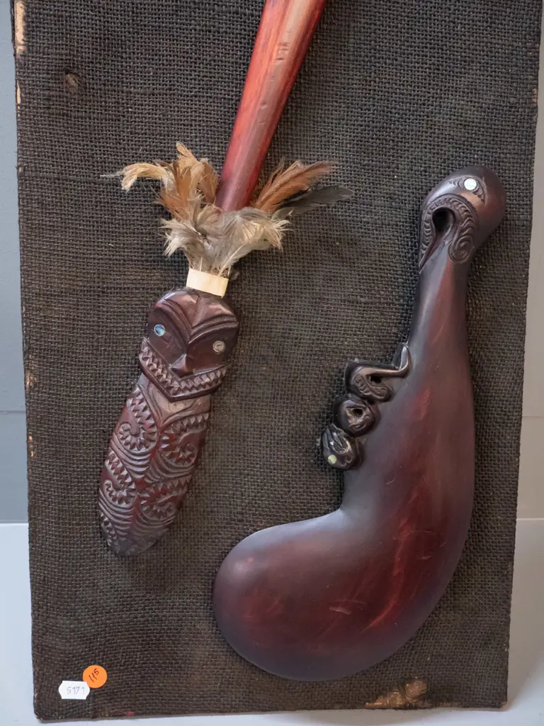 Maori motif wall display - timber items mounted on hessian covered background H760 W280 - some Image 1++