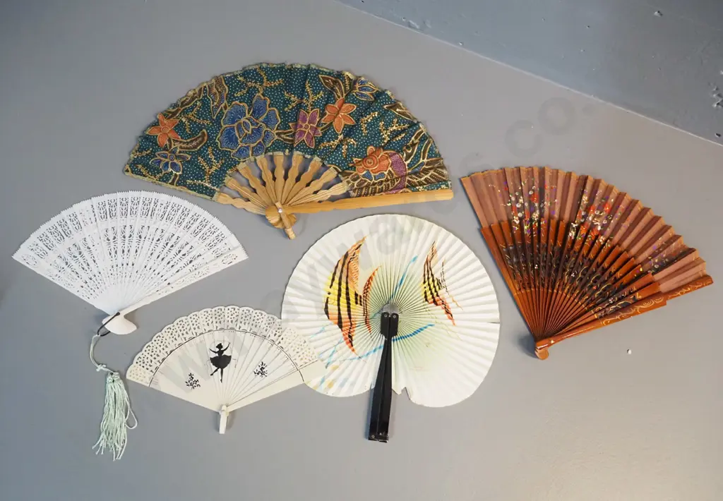 5 folding hand fans including 2 faux ivory, one with retro silhouette motif, batik fabric, etc. Image 1++