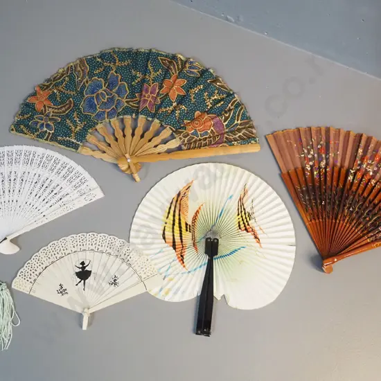 5 folding hand fans including 2 faux ivory, one with retro silhouette motif, batik fabric, etc.