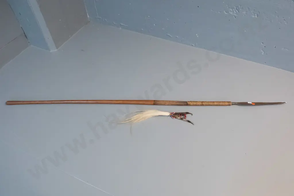 tribal spear with forged iron blade - cracks to wooden handle, ornamental skin, hair and bead piece has come off L1270 Image 1++