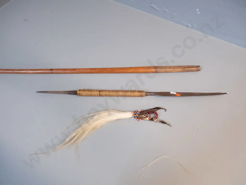tribal spear with forged iron blade - cracks to wooden handle, ornamental skin, hair and bead piece has come off L1270 Image 1++
