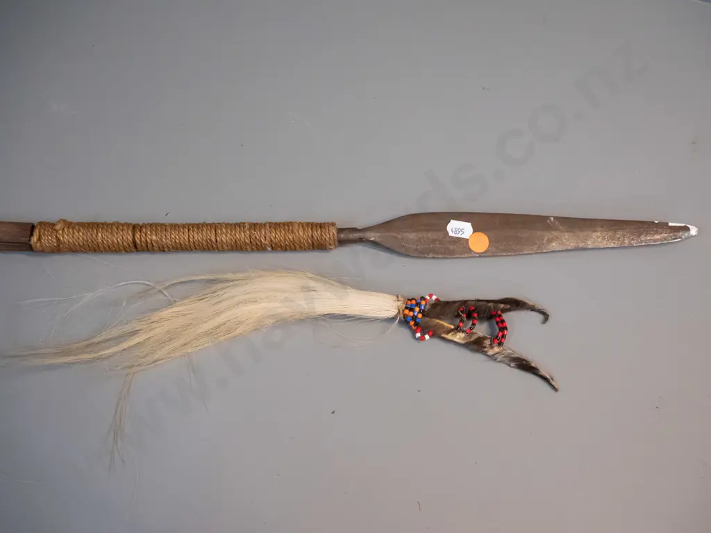 tribal spear with forged iron blade - cracks to wooden handle, ornamental skin, hair and bead piece has come off L1270 Image 1++