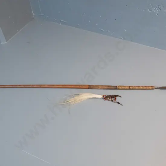 tribal spear with forged iron blade - cracks to wooden handle, ornamental skin, hair and bead piece has come off L1270