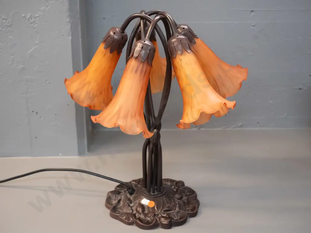Tiffany style bronze-finish metal based 5-light table lamp with veined orange trumpet flower shades H-430 W-370 Image 1++