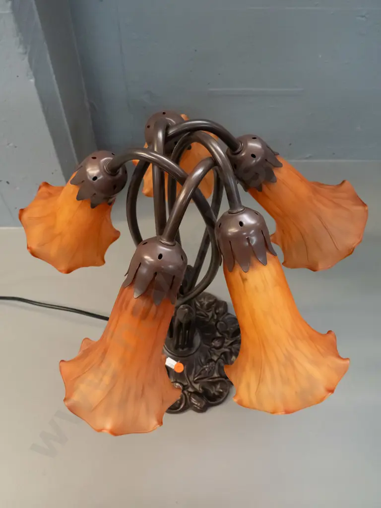 Tiffany style bronze-finish metal based 5-light table lamp with veined orange trumpet flower shades H-430 W-370 Image 1++