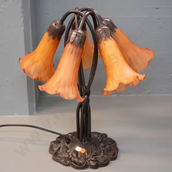 Tiffany style bronze-finish metal based 5-light table lamp with veined orange trumpet flower shades H-430 W-370