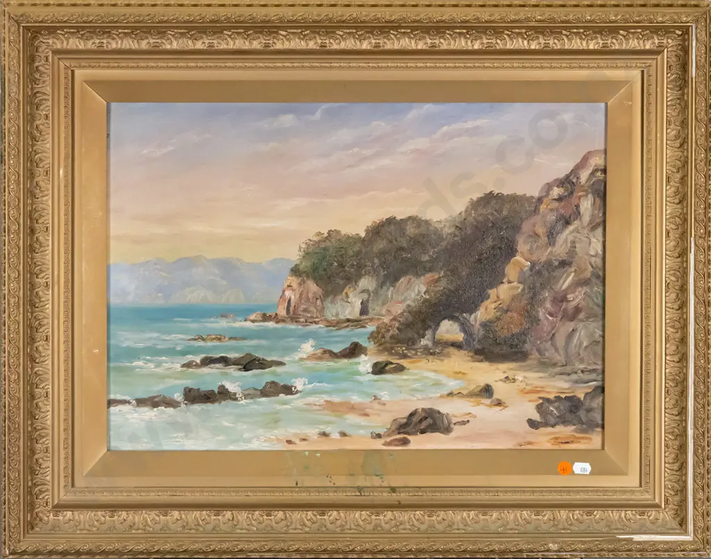 gilt framed oil - coastal scene (paint on frame) H-340 W-490 Image 1++