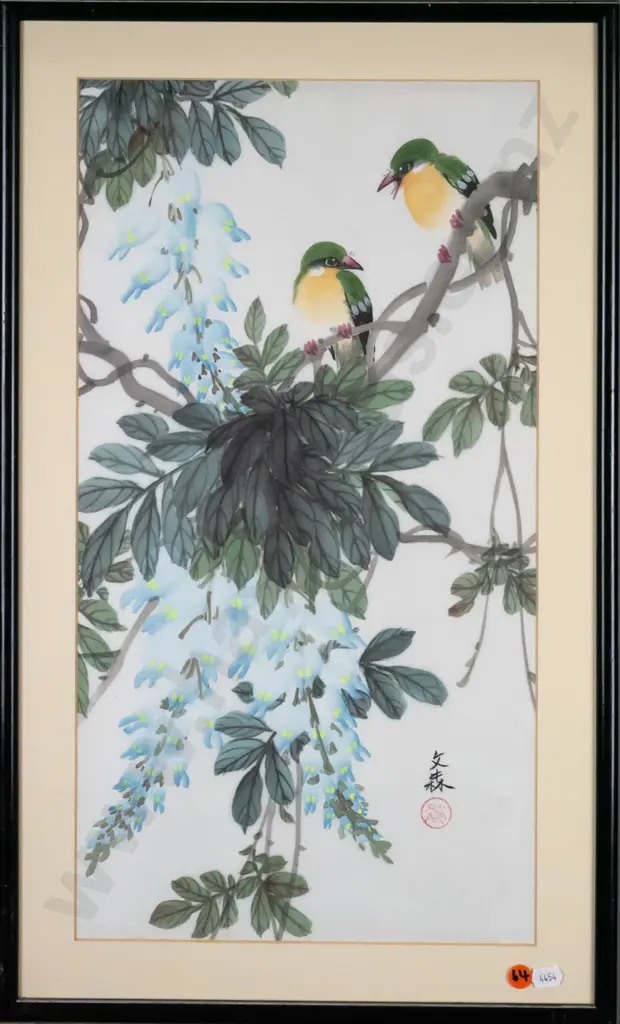 framed Asian watercolour on silk - birds on tree boughs H-490 W-260 Image 1++